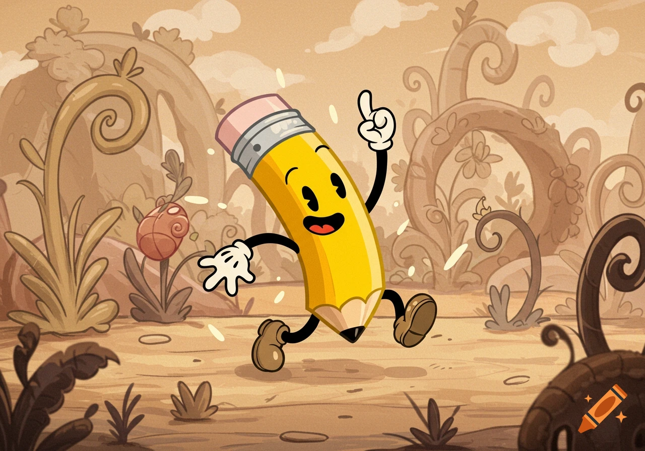 A happy, yellow cartoon pencil character with gloved hands runs through a whimsical desert, pointing one finger up in a retro animation style.