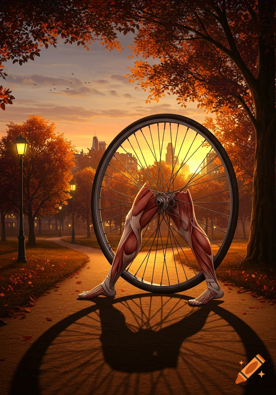 Surreal image of human legs with exposed muscles forming the hub of a bicycle wheel on an autumn park path at sunset.