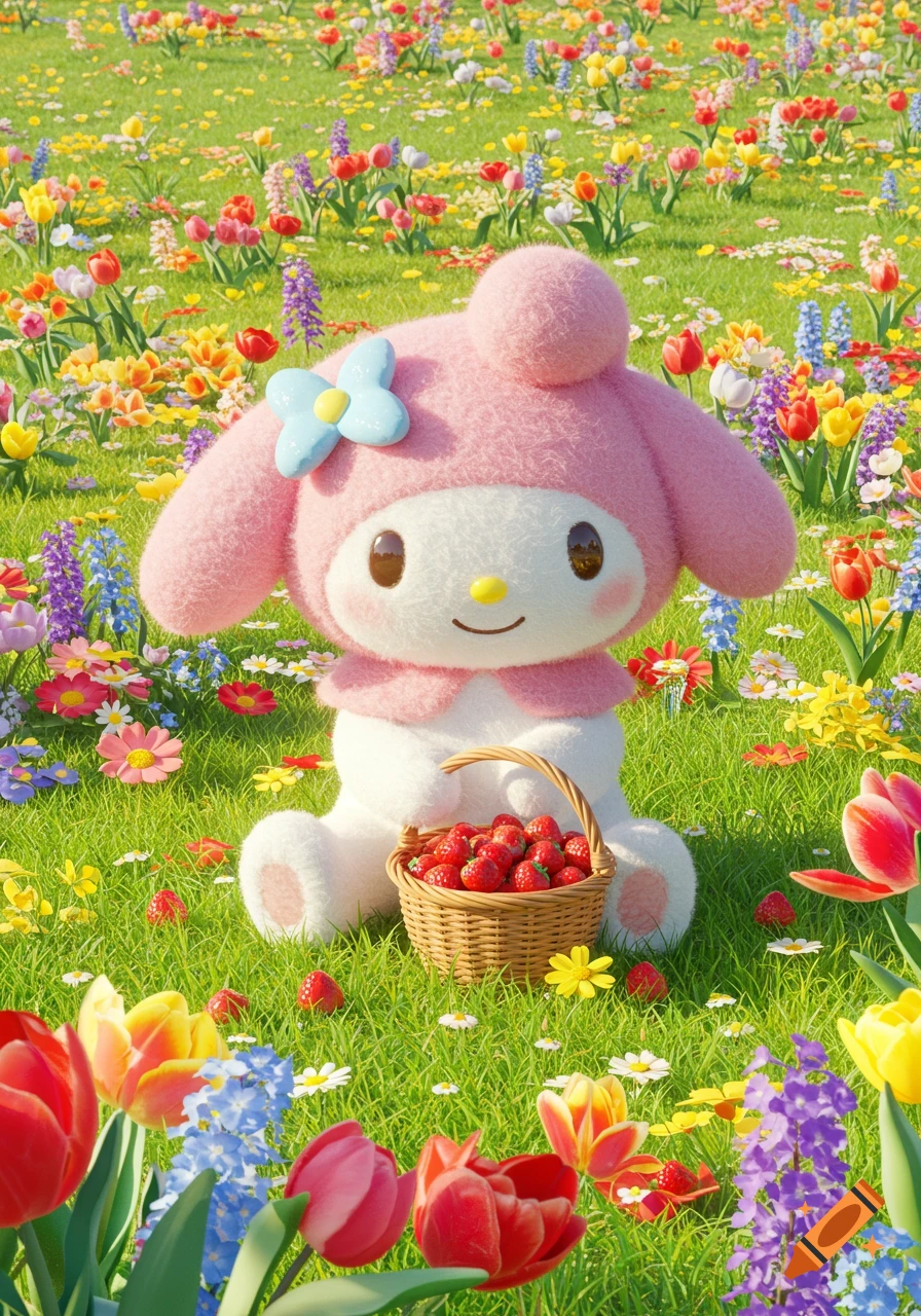 My Melody, a pink and white Sanrio character, sits in a vibrant field of colorful flowers, holding a basket of strawberries. Digital art.