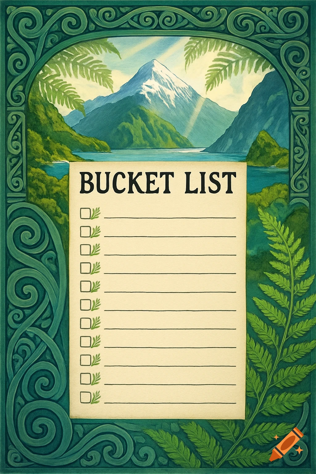 A stylized bucket list document with a scenic New Zealand mountain and lake background, featuring ferns and a decorative green border.