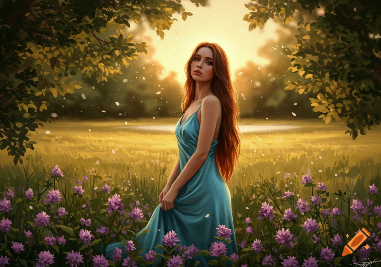 Digital painting of a young woman with long red hair in a teal dress, standing in a field of purple flowers with a golden sunset.