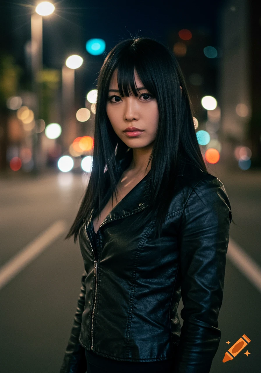 Photorealistic portrait of a Japanese woman with long black hair and bangs, wearing a black leather jacket, standing on a street at night with blurry city lights in the background.