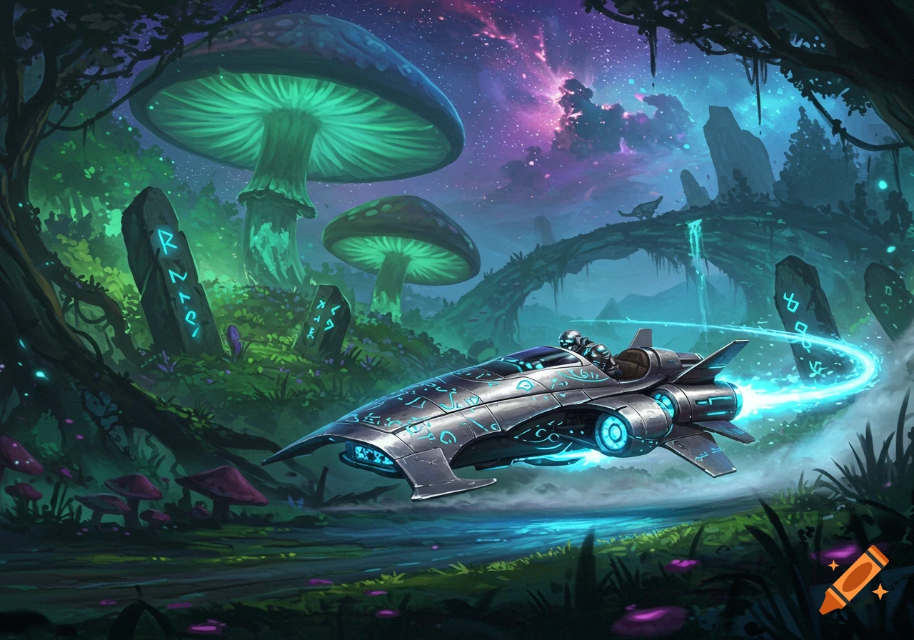 A futuristic speeder with glowing blue accents flies through a vibrant fantasy forest with giant glowing mushrooms, ancient runes, and a nebula sky.