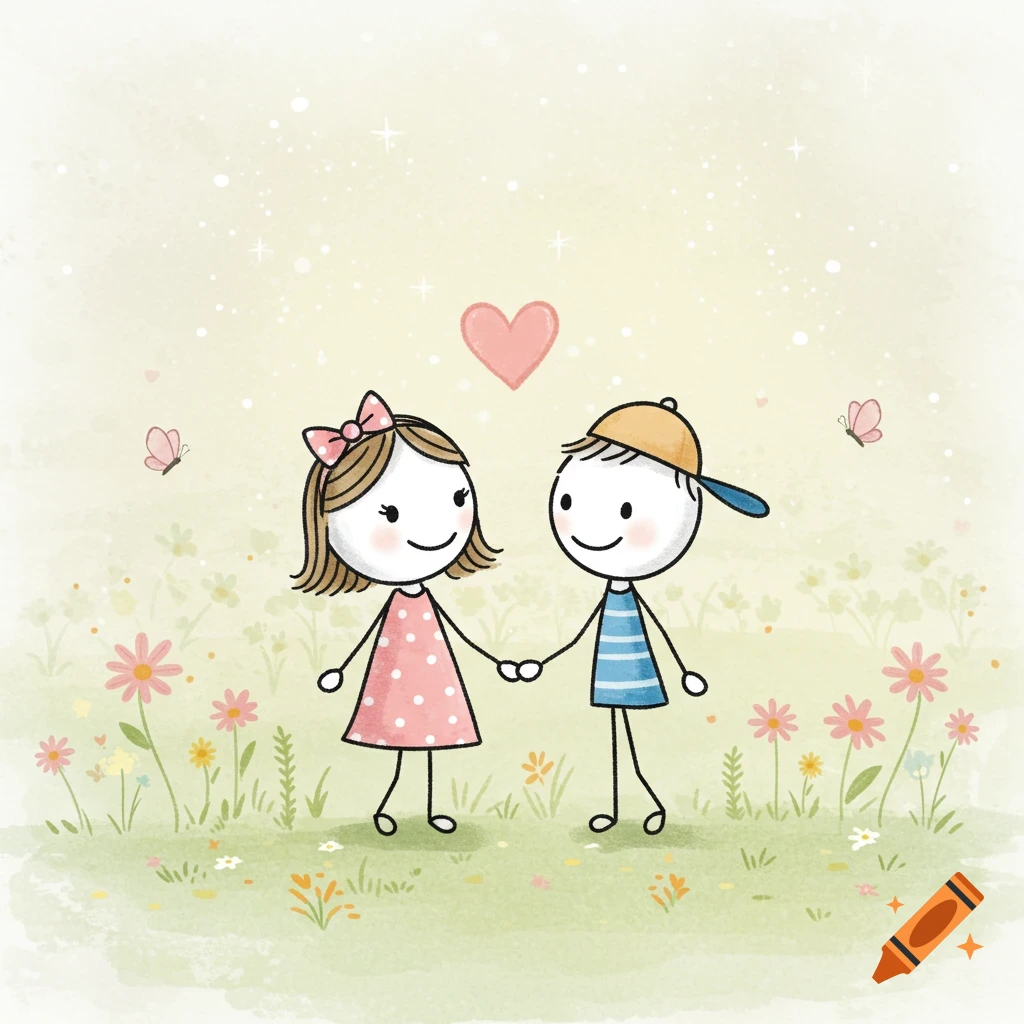 Two cute stick figure children, a boy and a girl, hold hands in a field of flowers under a pink heart, in a whimsical cartoon style.