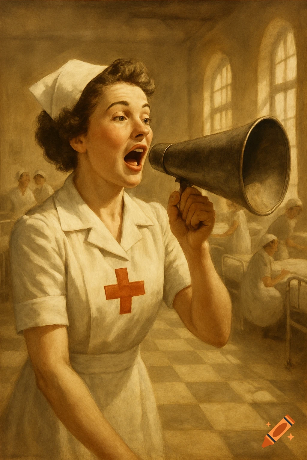 A 1940s nurse in a sepia-toned, painterly style yells into a bullhorn in a hospital ward.