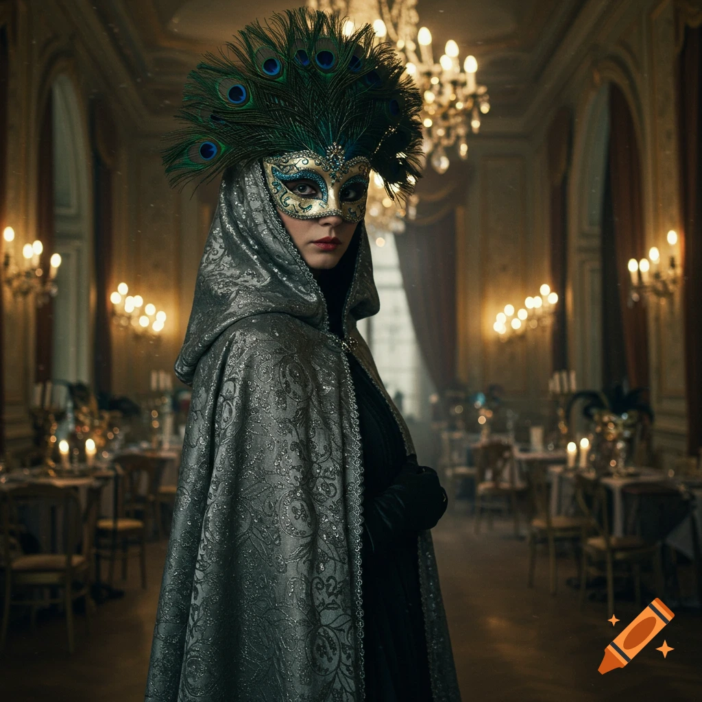 Photorealistic image of a person wearing an ornate peacock feather mask and a shimmering hooded cloak in an elegant ballroom.