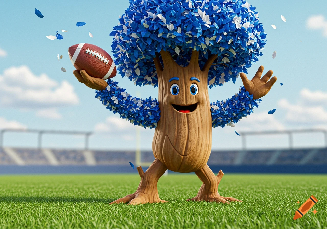A friendly tree mascot with blue and white leaves holds a football on a green field in a stadium.