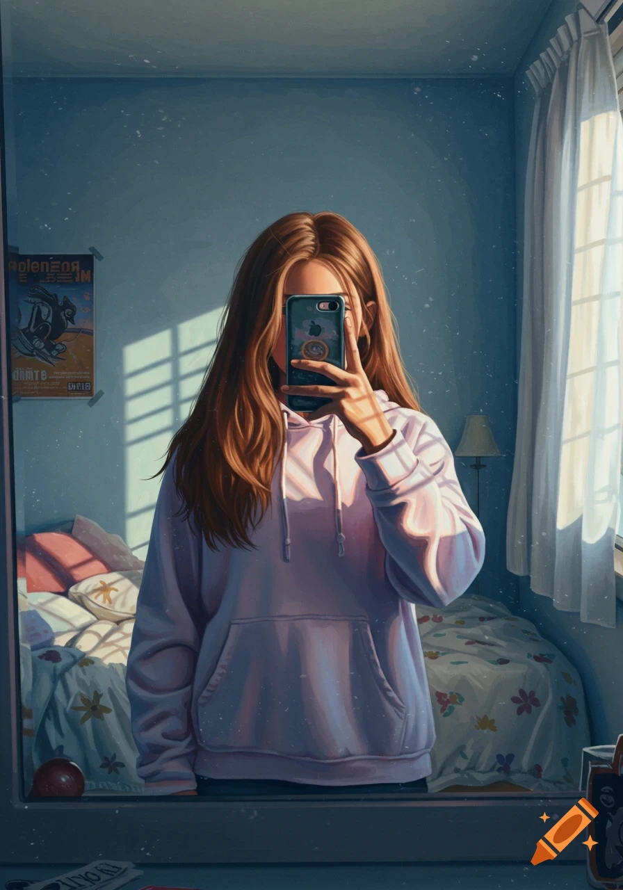 A stylized digital art image of a young woman with long brown hair taking a mirror selfie in a sunlit bedroom, her phone covering her face.