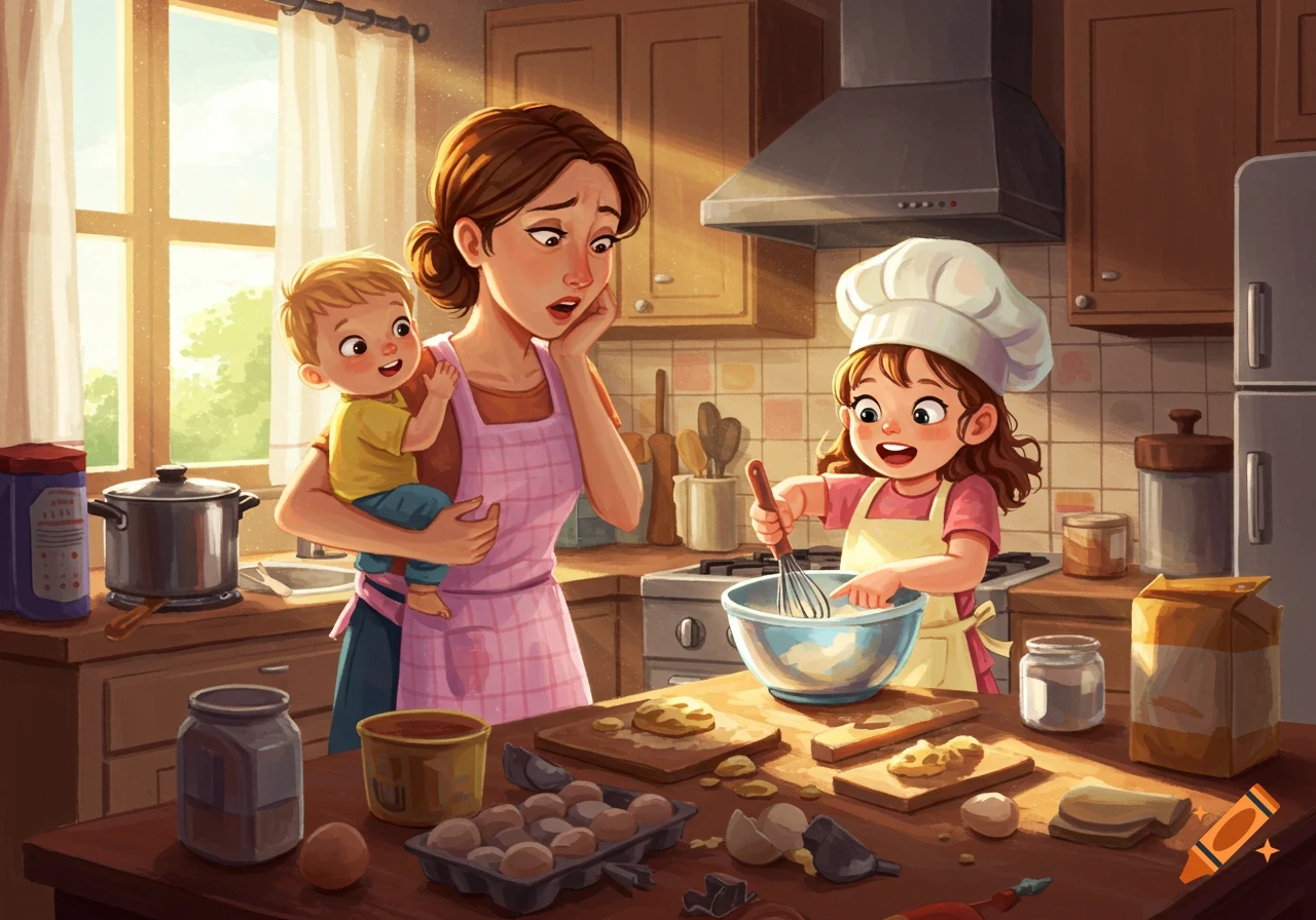 A cartoon illustration of an exasperated mom holding a toddler, watching her young daughter excitedly whisk ingredients in a kitchen.