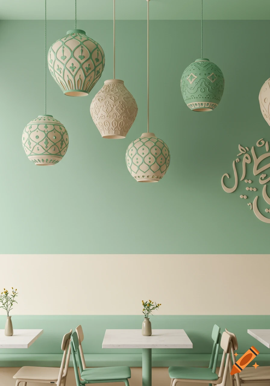 Minimalist cafe interior with pastel green and cream walls, Iranian-style pendant lamps, and decorative calligraphy above tables.