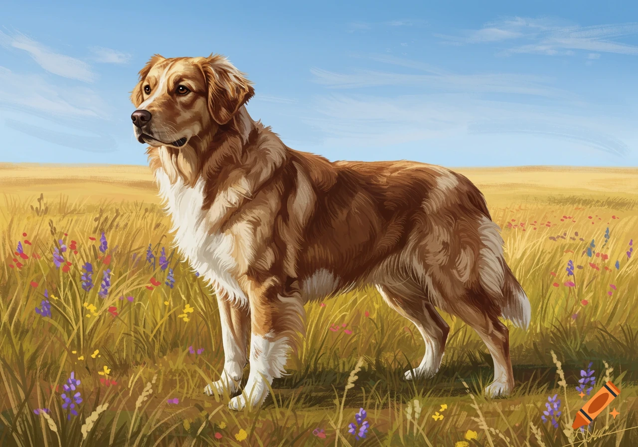 An illustration of a golden retriever with brown and cream fur standing in a field of tall grass and wildflowers under a blue sky.
