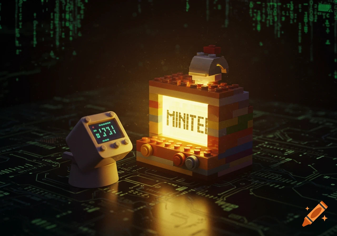 A glowing Lego Minitel and a small monitor device on a circuit board, with green Matrix code in the background.