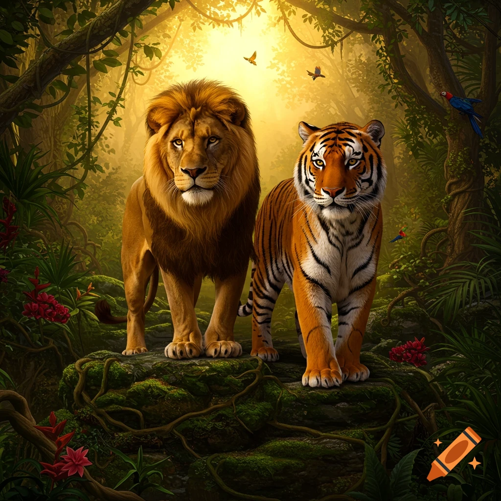 A majestic lion and tiger stand on a mossy rock in a lush, sunlit jungle.