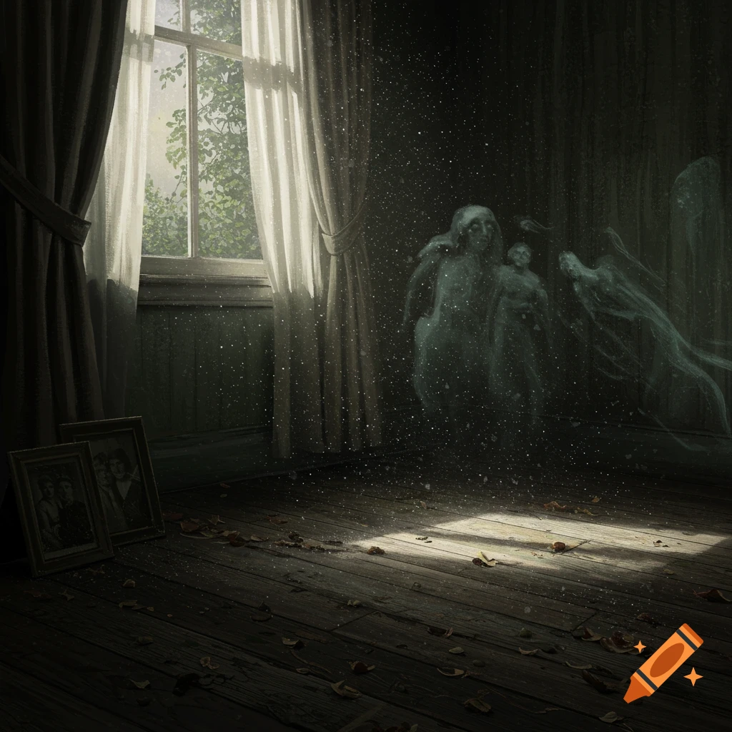 Ethereal ghosts appear in a dimly lit, dusty old room with light streaming through a window.