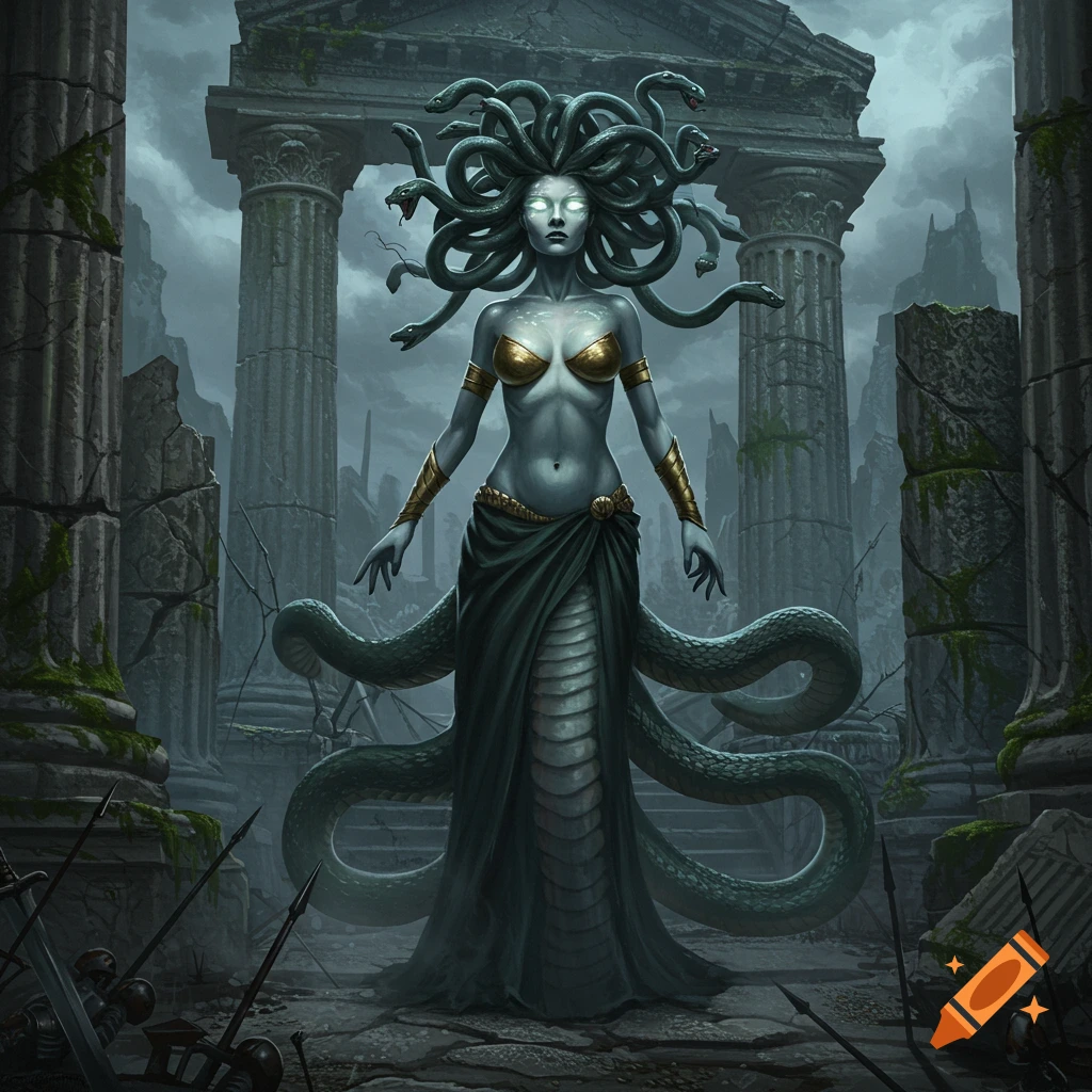 Medusa, a half-woman half-snake gorgon with snakes for hair and glowing eyes, stands in dark, moss-covered ancient ruins.