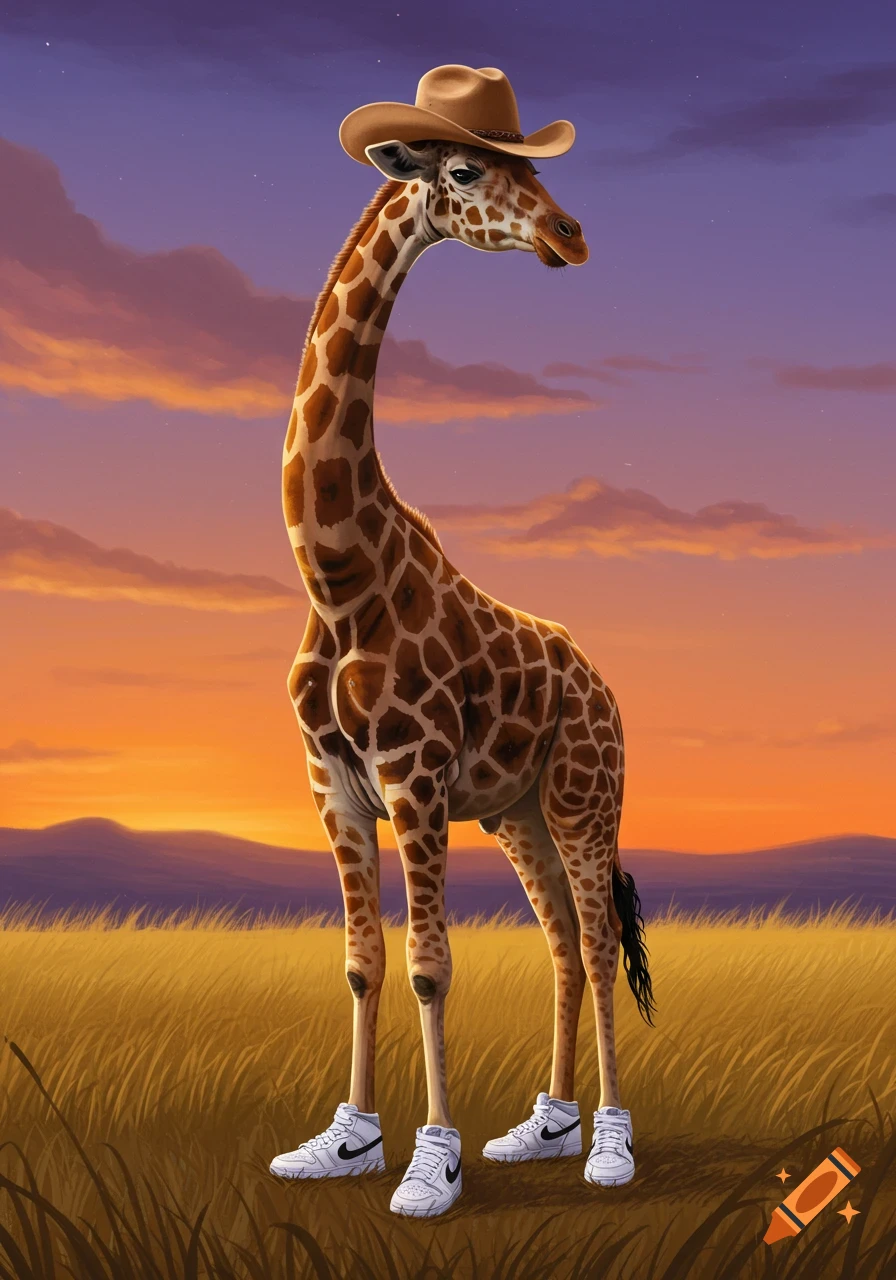 Illustrated giraffe wearing a cowboy hat and white Nike sneakers stands in a savanna at sunset.
