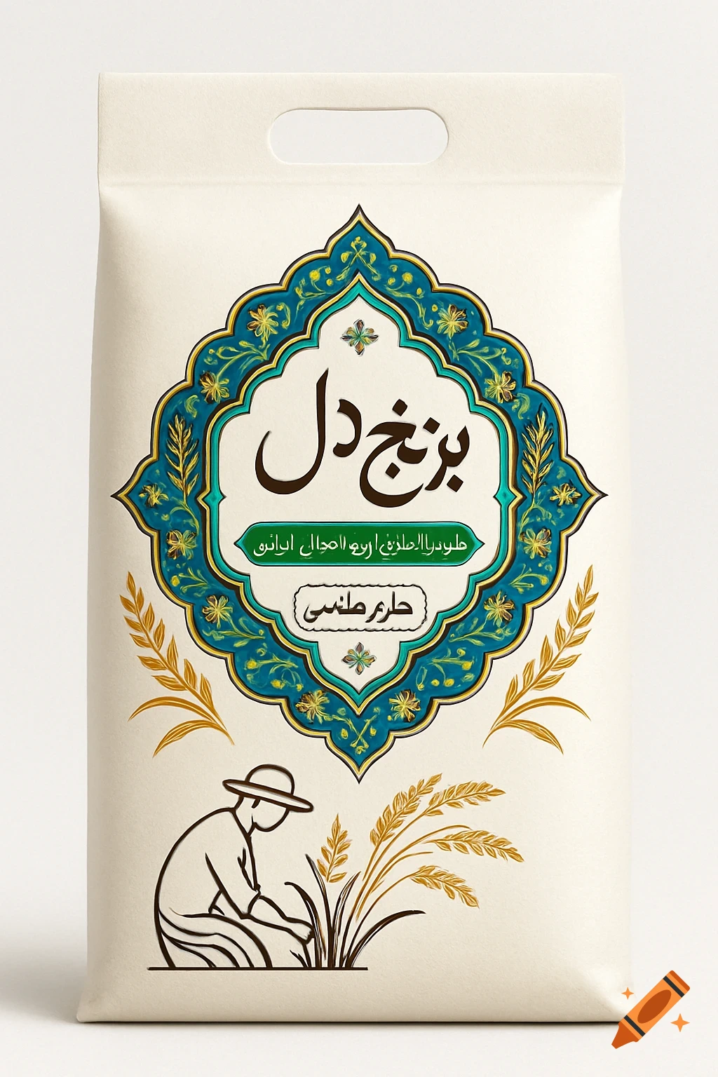 A traditional Persian rice bag packaging design with ornate turquoise and gold patterns, elegant calligraphy, and a farmer illustration.