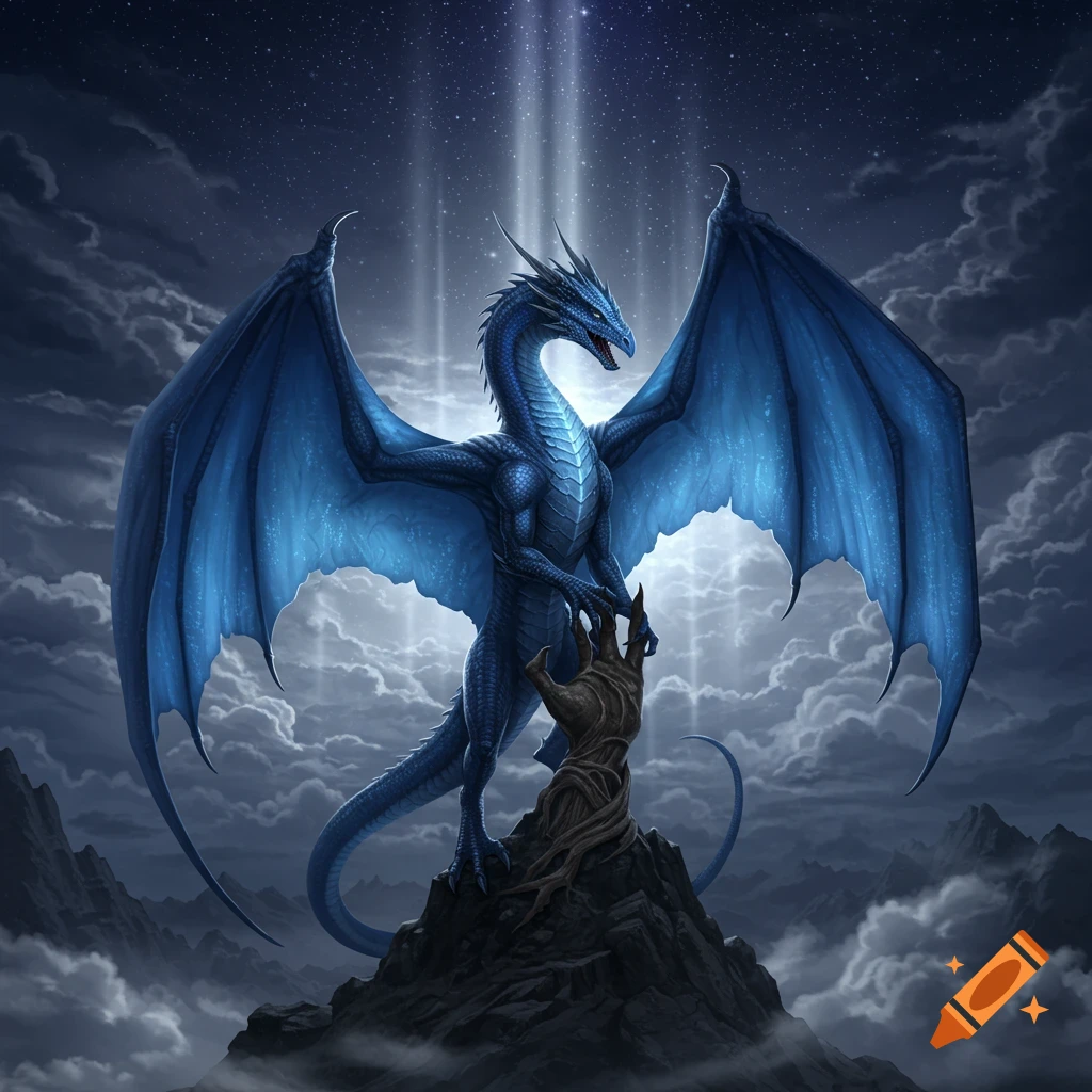 A majestic blue dragon with wide wings stands on a dark mountain peak, illuminated by light rays from a starry night sky.