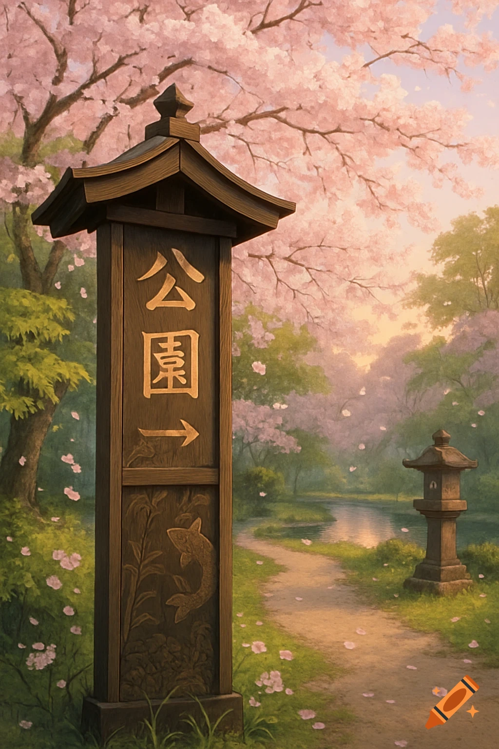 A painterly scene of a wooden Japanese park sign with 'park' characters and an arrow, under blooming cherry blossoms, next to a path and stream.