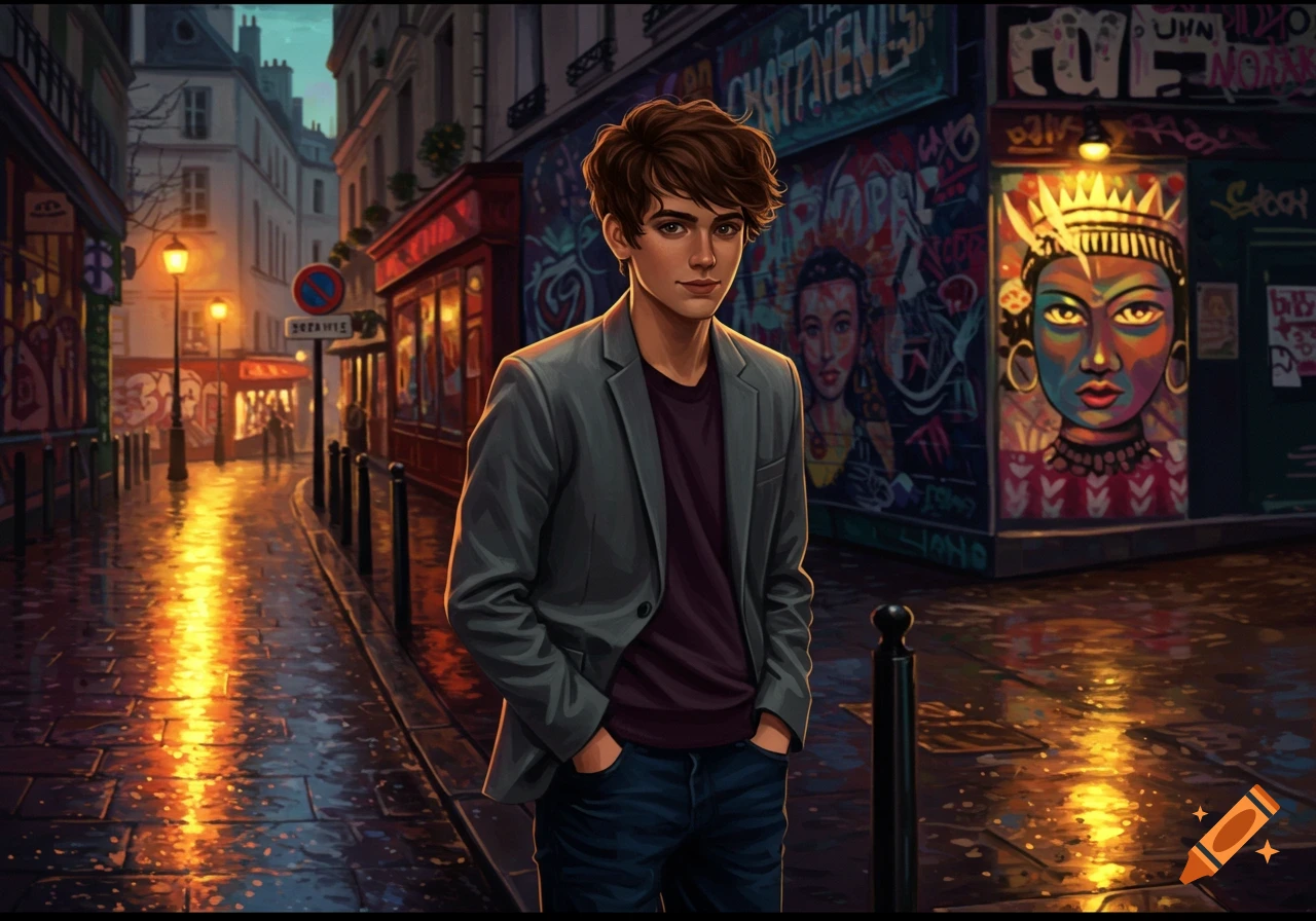 Digital illustration of a young man with brown hair and a gray jacket standing on a wet, illuminated city street with graffiti.