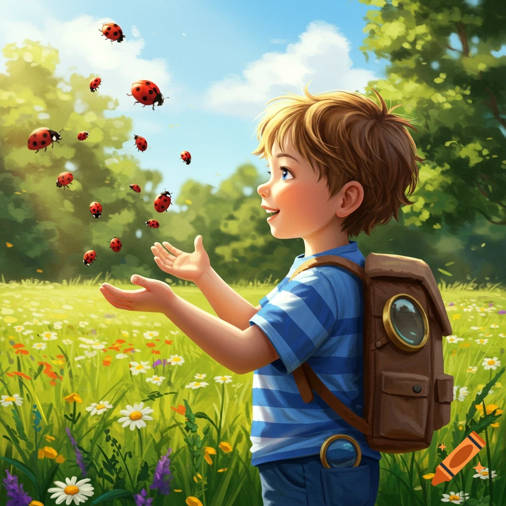 An illustrated boy with a backpack smiles as he releases ladybugs into a sunny meadow filled with flowers.