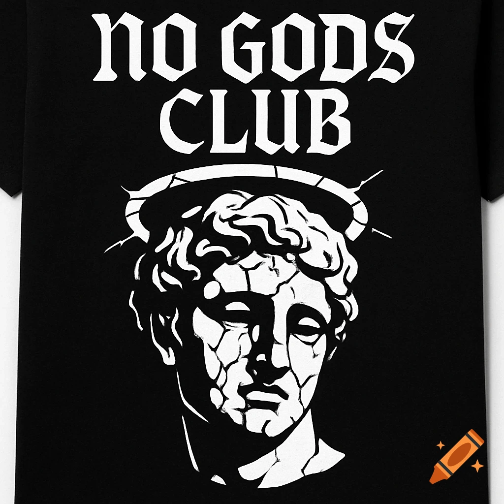 Minimalist black and white t-shirt design with 'NO GODS CLUB' text above a cracked classical statue head wearing a crown of thorns.