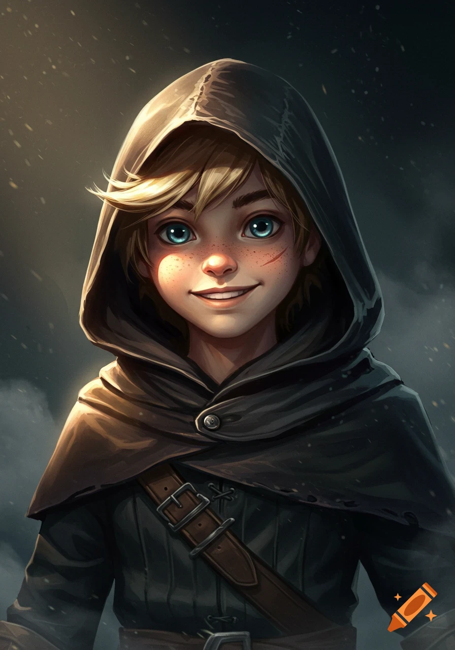 Close-up digital painting of a fair-haired young person in a dark hooded cloak, with blue eyes, freckles, and a slight smirk.