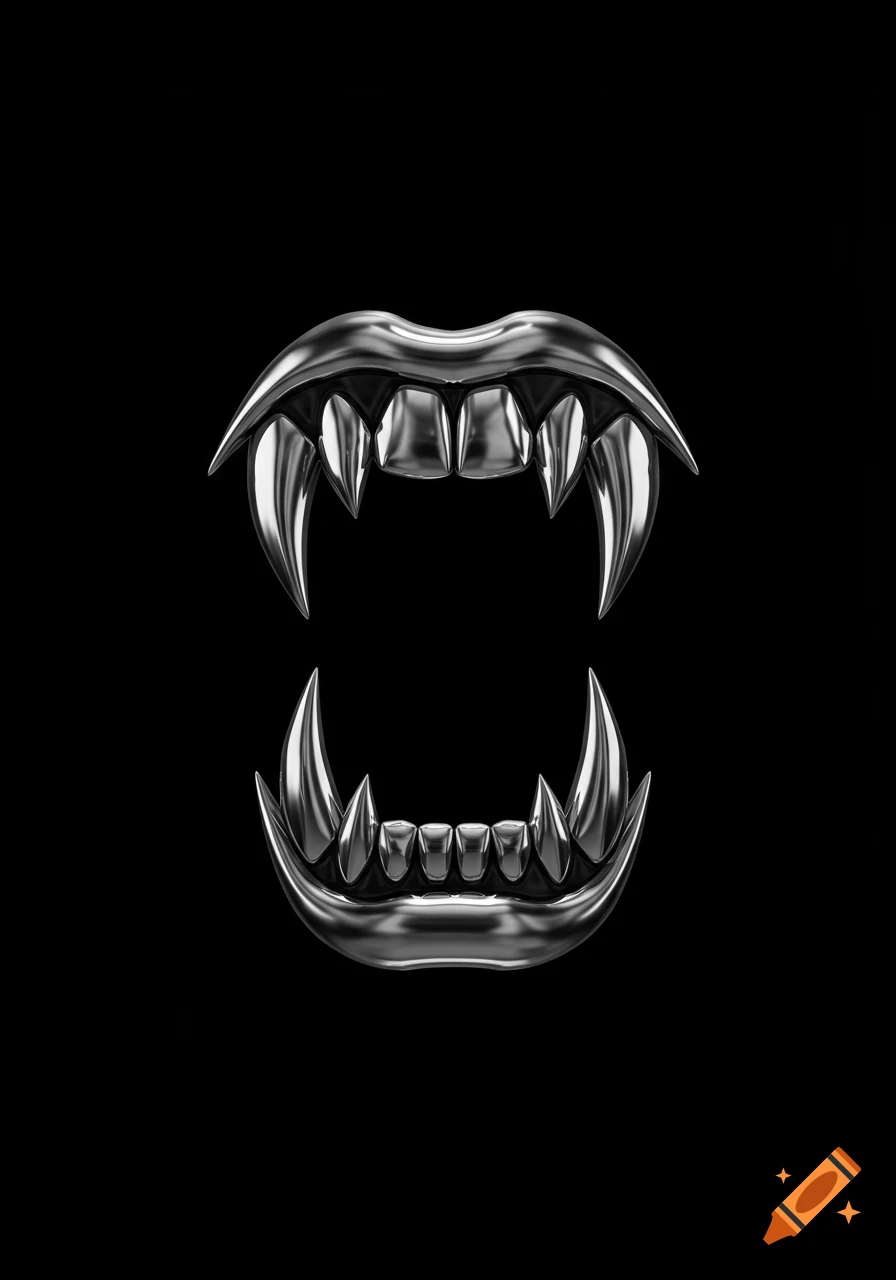 Chrome vampire fangs in an open snarling mouth against a black background.