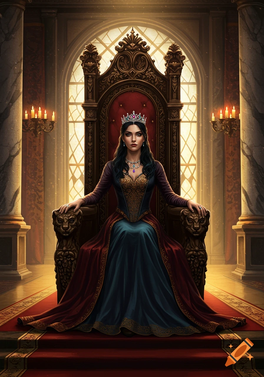 A regal princess with dark hair, a jeweled crown, and a gown sits on an ornate throne in a grand, candlelit hall.
