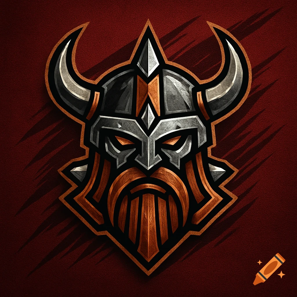 Stylized logo of a fierce dwarf or viking helmet with horns and beard, rendered in metallic silver and bronze tones on a dark red background.