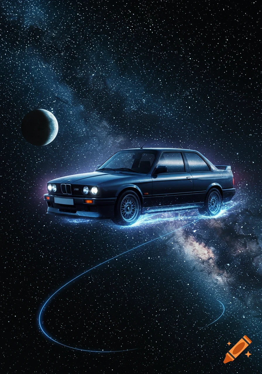 A dark blue BMW E30 M3 car floats through a star-filled cosmos, leaving glowing blue trails, with a moon in the background.