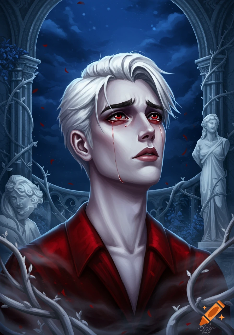 Stylized digital painting of a pale young man with white hair, tears of blood running down his face, looking up sorrowfully. Gothic arches, statues, and vines in the dark background.