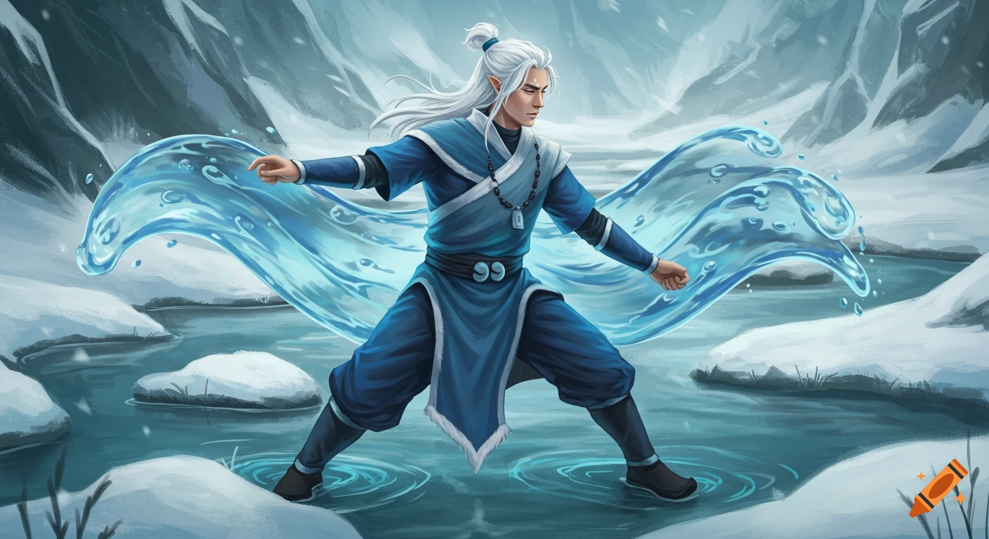 A male waterbender with long white hair and blue robes stands in an icy landscape, manipulating water.