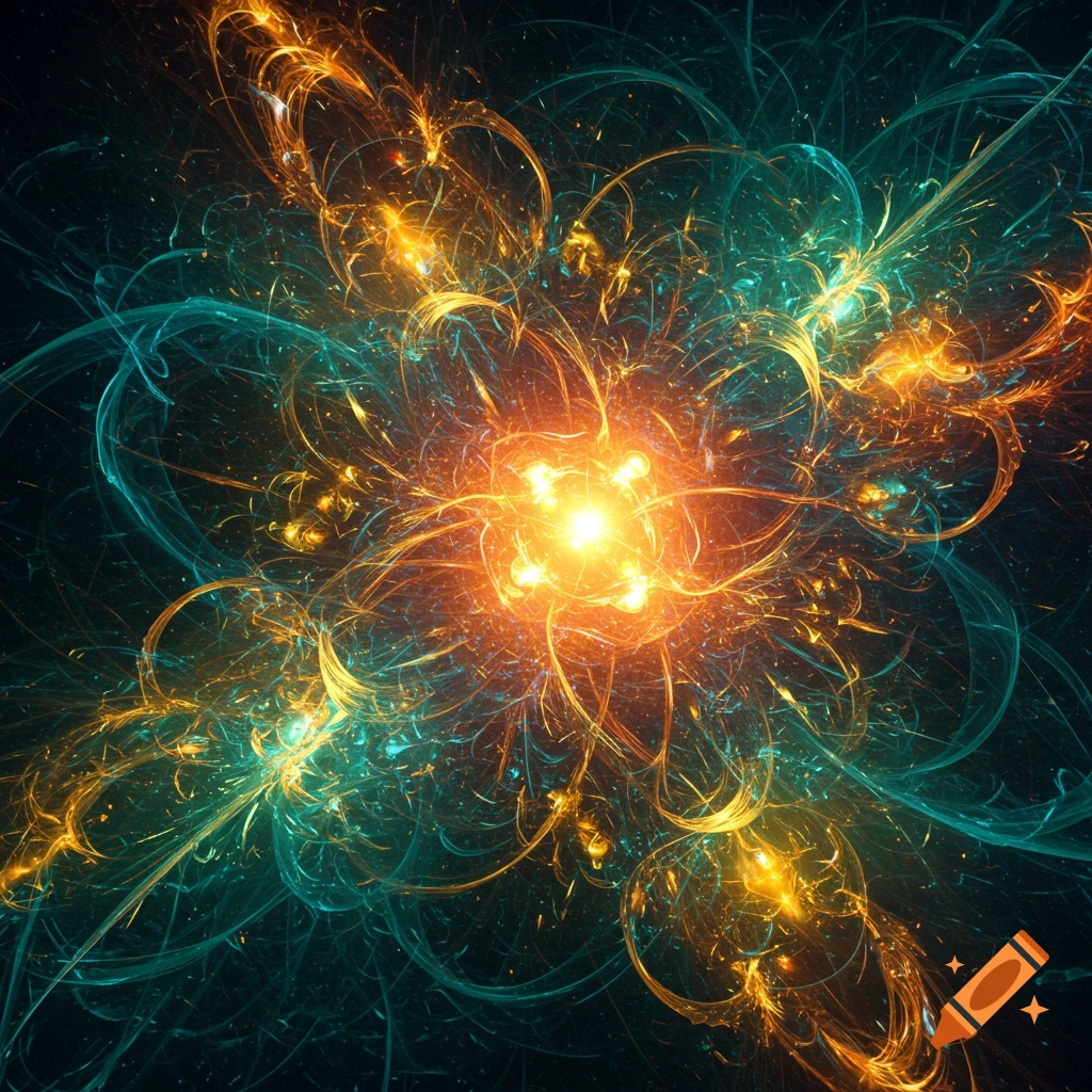 Abstract digital painting of a bright orange-yellow core exploding into intricate swirling lines of orange and teal light on a dark background.