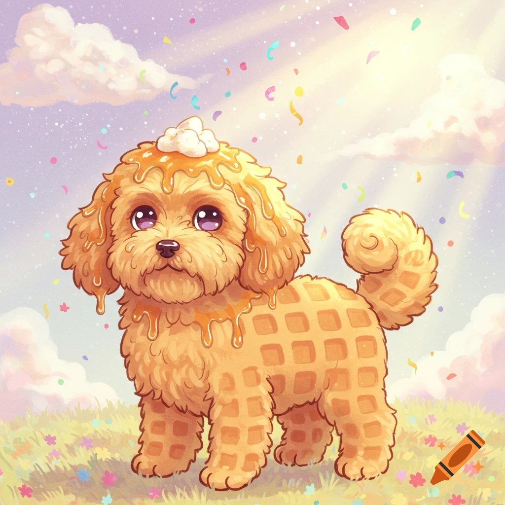 A cute cartoon waffledoodle dog with a waffle-textured body, covered in syrup and butter, standing in a grassy field with confetti under a sunny sky.