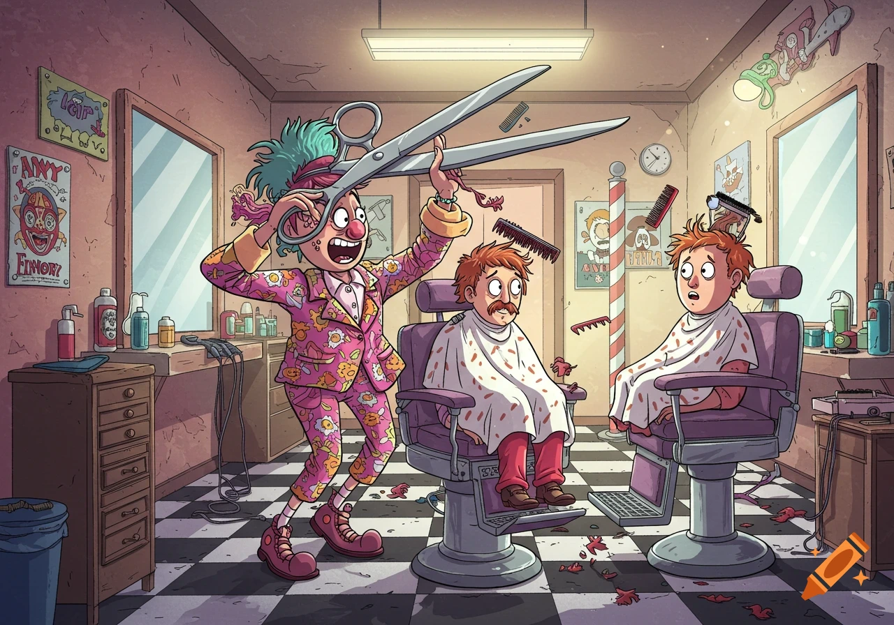 A wild cartoon barber with oversized scissors gives two nervous men a chaotic haircut in a quirky barber shop.
