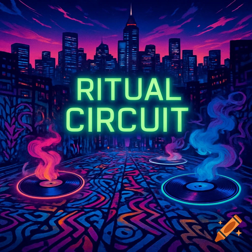 A vibrant neon synthwave city skyline at night with glowing text "RITUAL CIRCUIT" above glowing vinyl records on a patterned ground.
