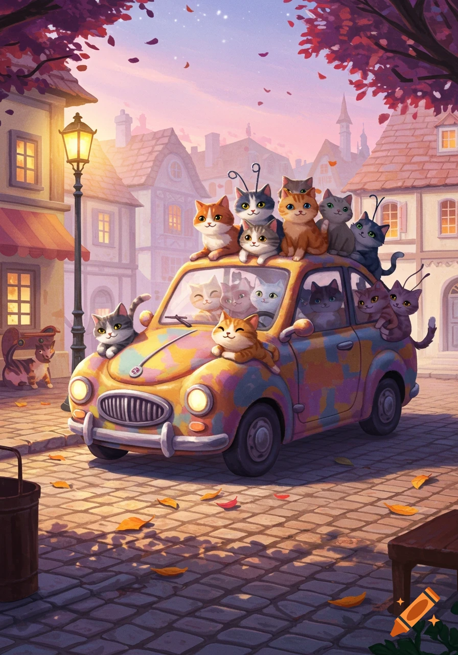Whimsical illustration of numerous cute cartoon cats piled on and inside a colorful car on a cobblestone street at sunset.