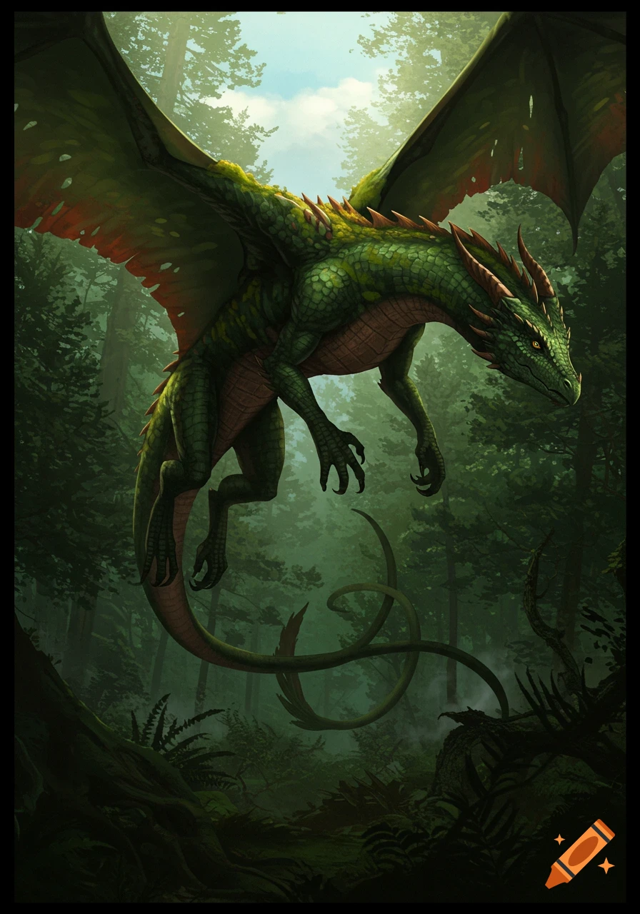 A deep green dragon with mossy scales and reddish-brown wings flies quietly above a dense, misty forest in a realistic fantasy style.