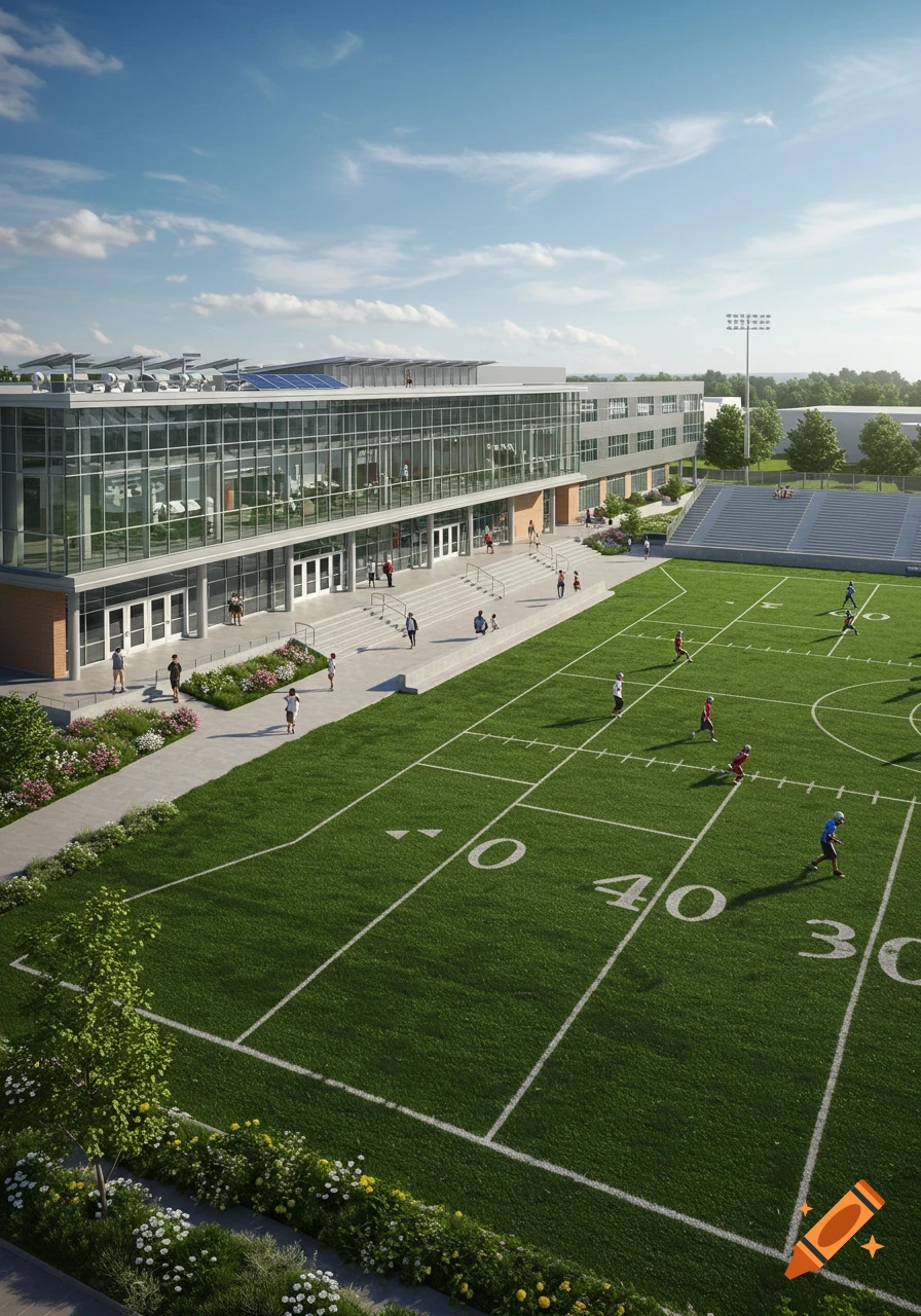 Aerial view of a modern school building with a glass facade and solar panels, adjacent to a green football field with players.