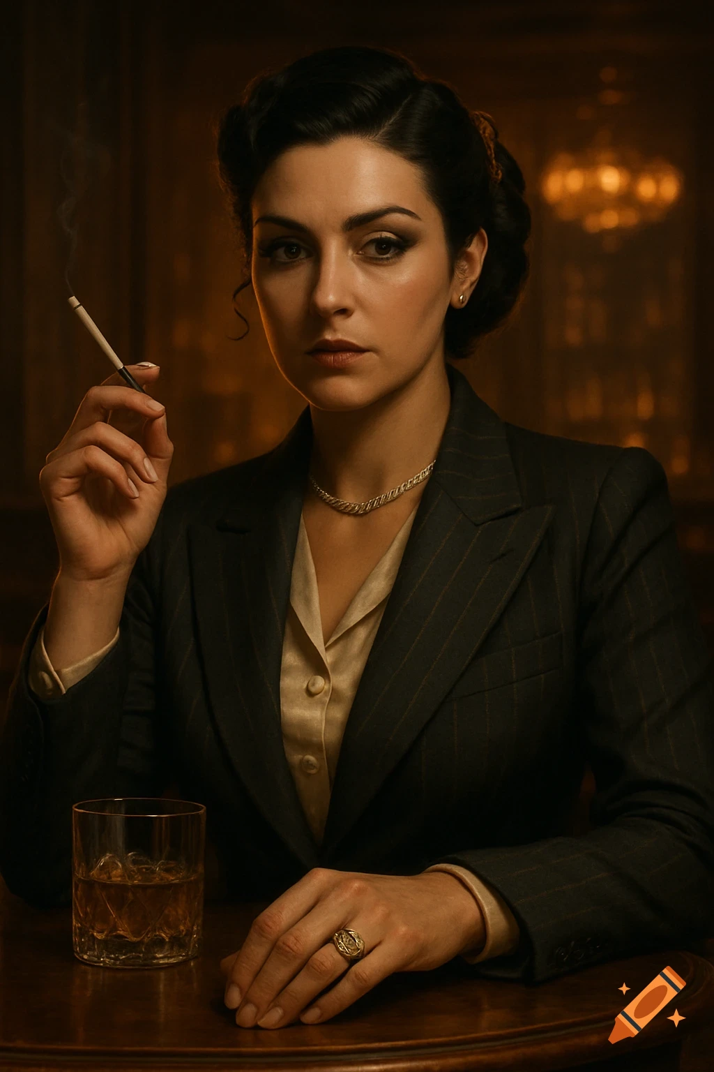A woman in a pinstripe suit sits at a dimly lit bar, holding a cigarette and a glass of whiskey, looking directly forward.