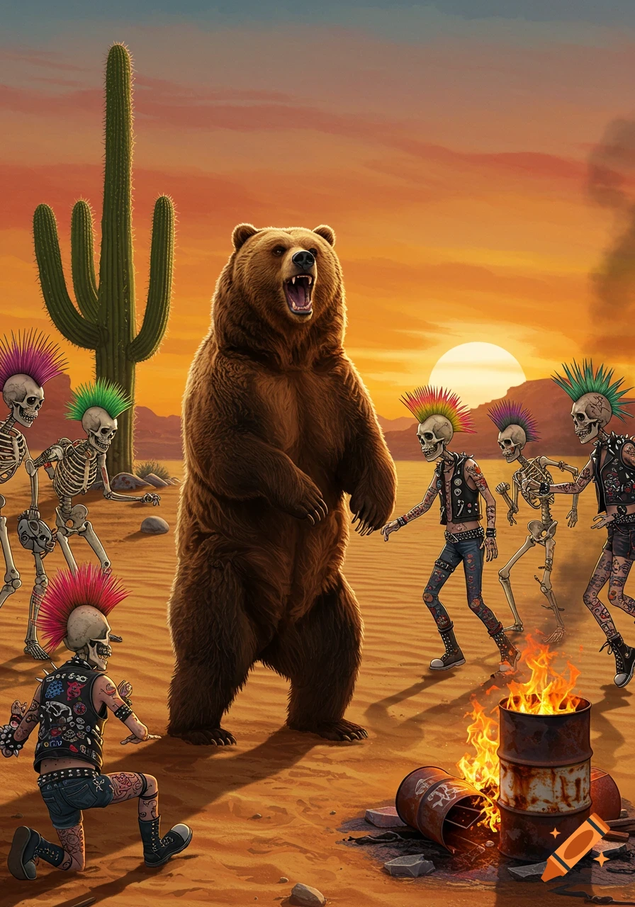 A stylized illustration of a roaring brown grizzly bear standing amidst punk rock skeletons with mohawks and a burning barrel in a desert at sunset.