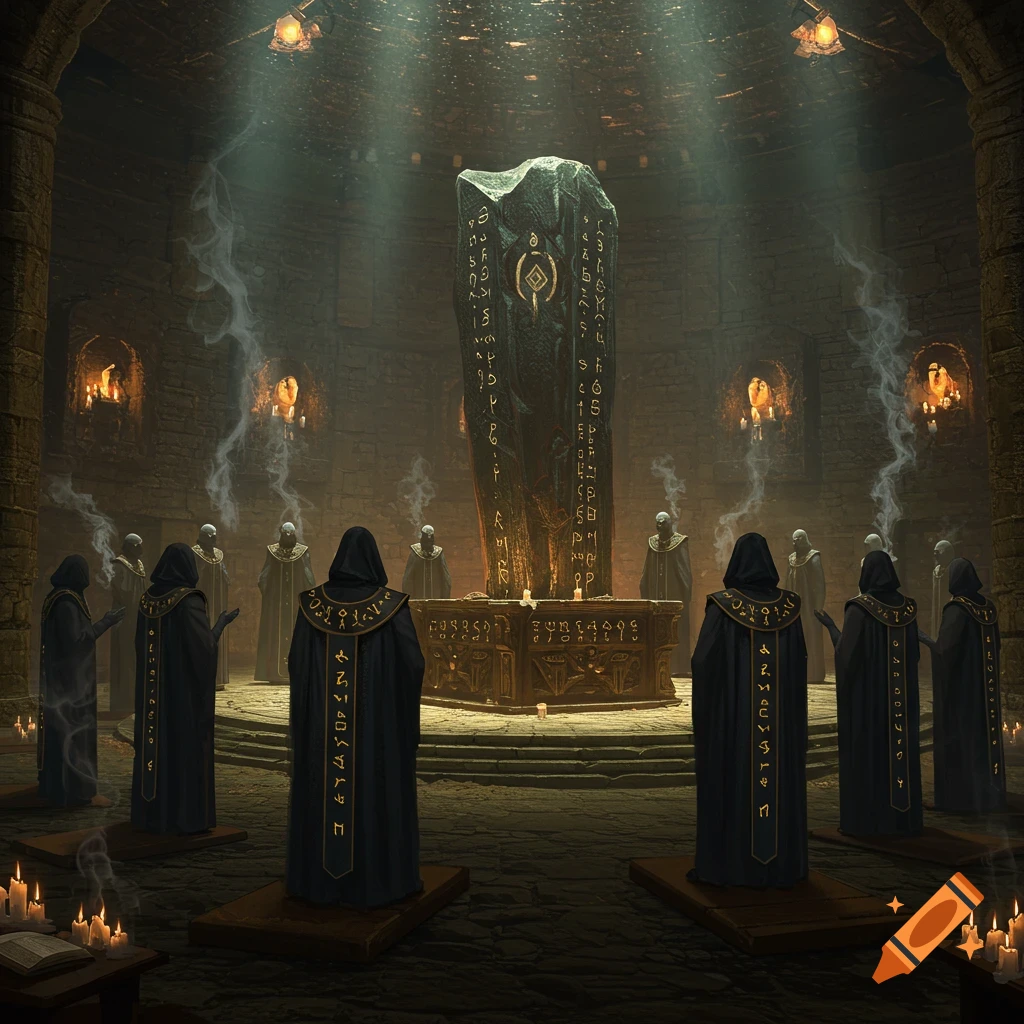 A group of robed figures performing a ritual around a tall, inscribed stone in a dark, ancient chamber, with smoke and candlelight.