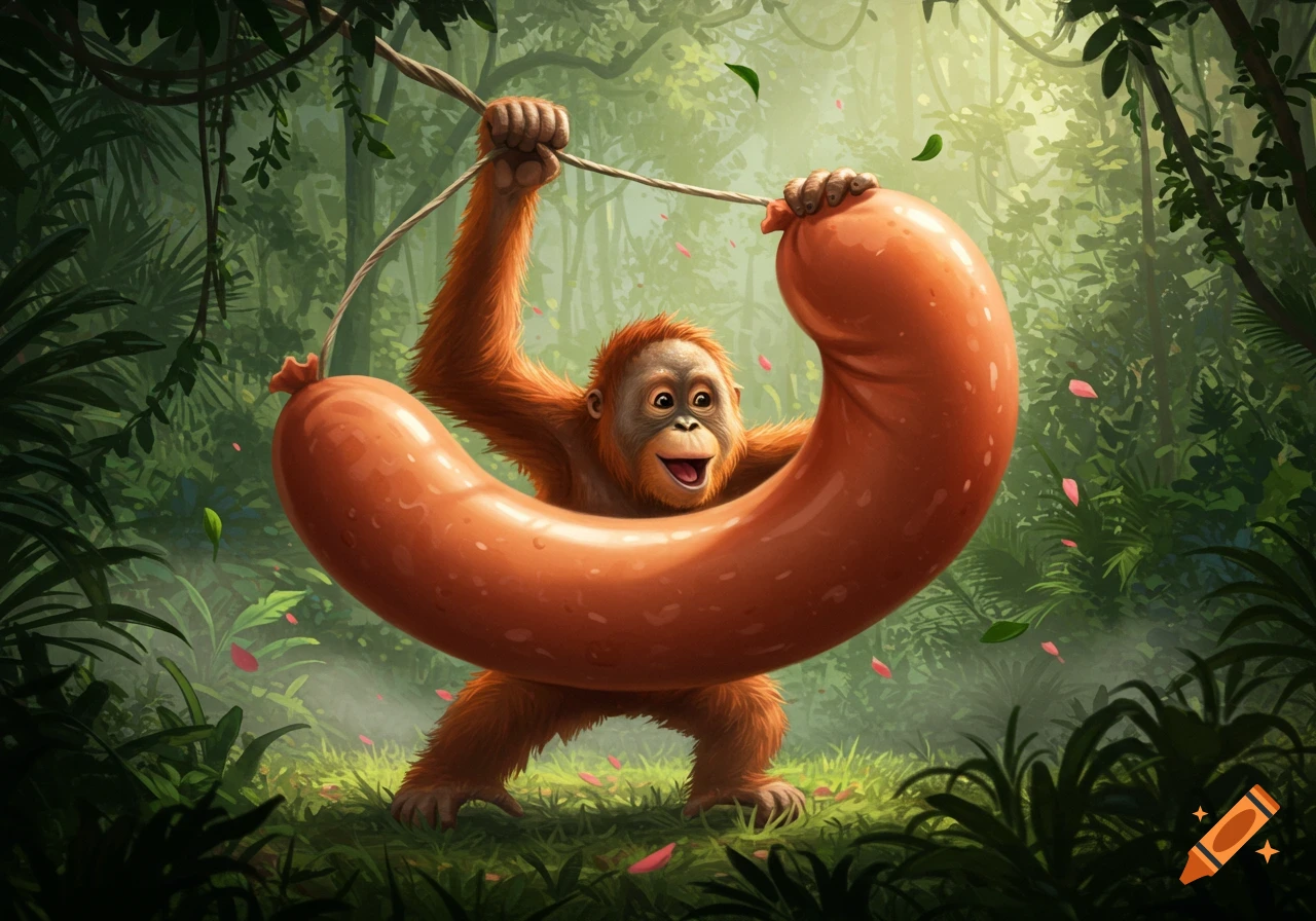A happy, cartoon orangutan holding a giant U-shaped sausage in a lush jungle.