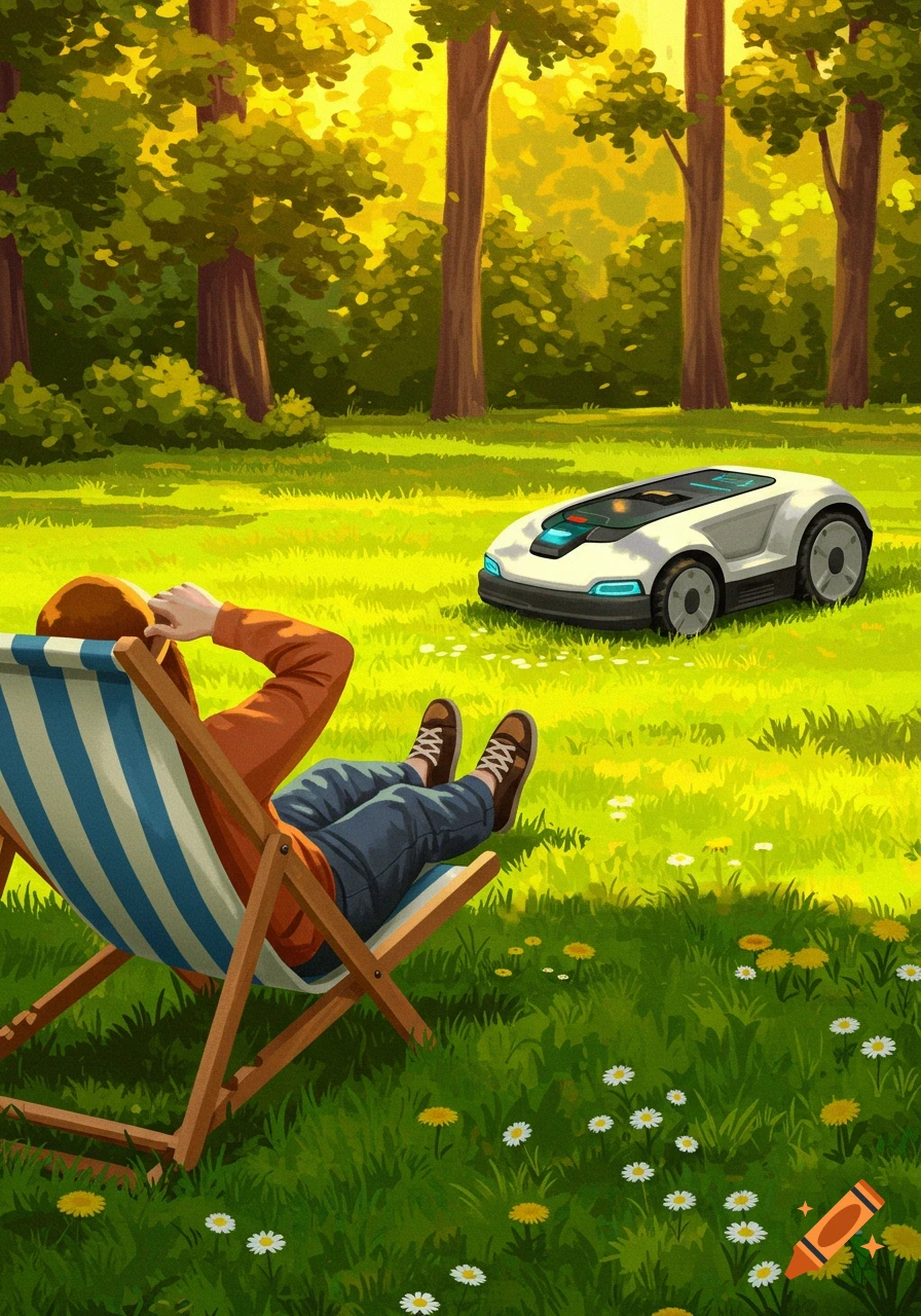 An illustration of a person relaxing in a lounge chair while a robotic lawnmower cuts the grass in a sunny garden.
