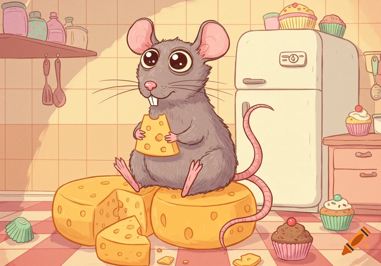 A cute cartoon rat sits on cheese wheels, nibbling a piece of cheese in a colorful kitchen with cupcakes.