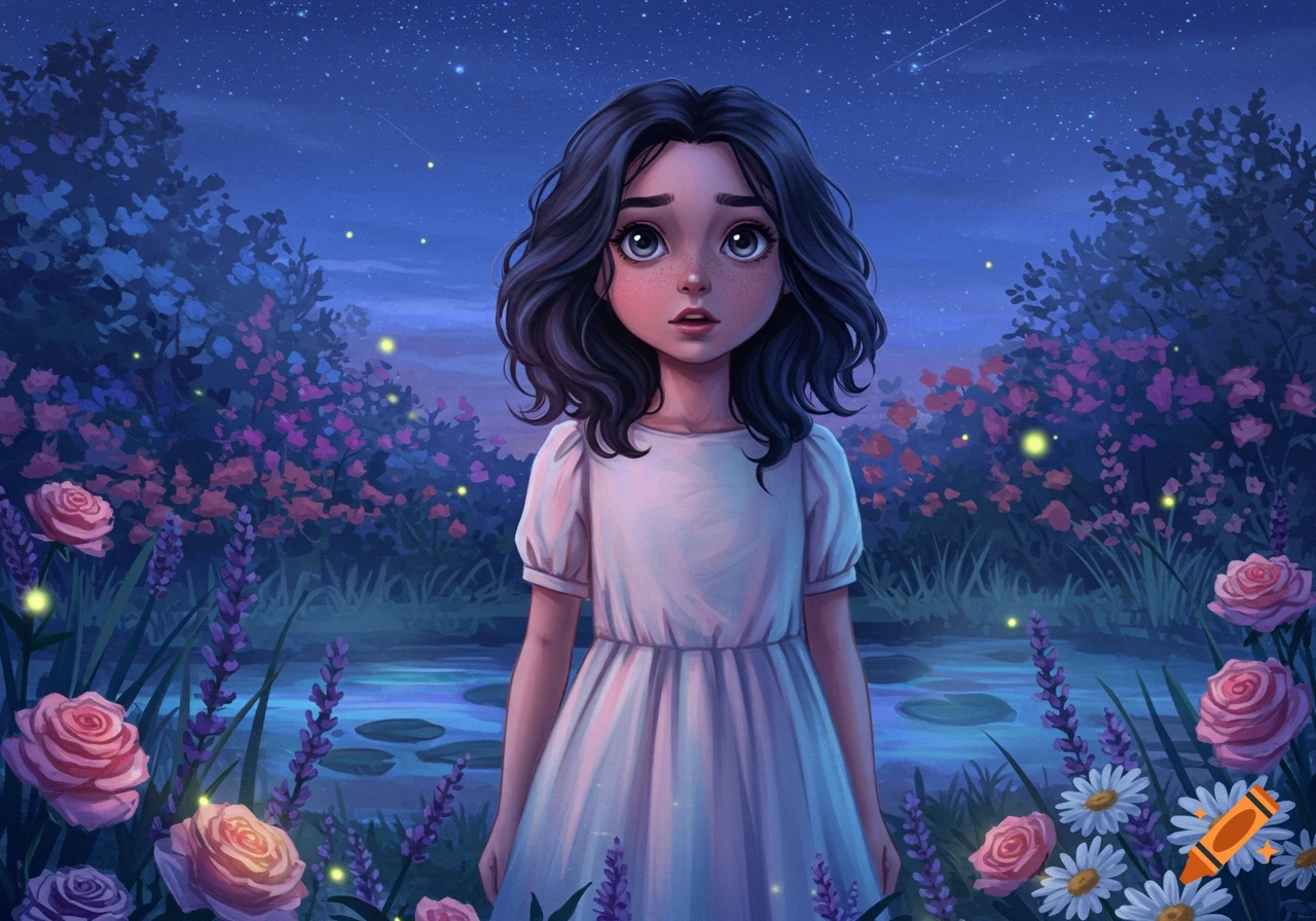 An illustration of a young girl with dark hair standing in a magical night garden with glowing fireflies, flowers, and a starry sky.