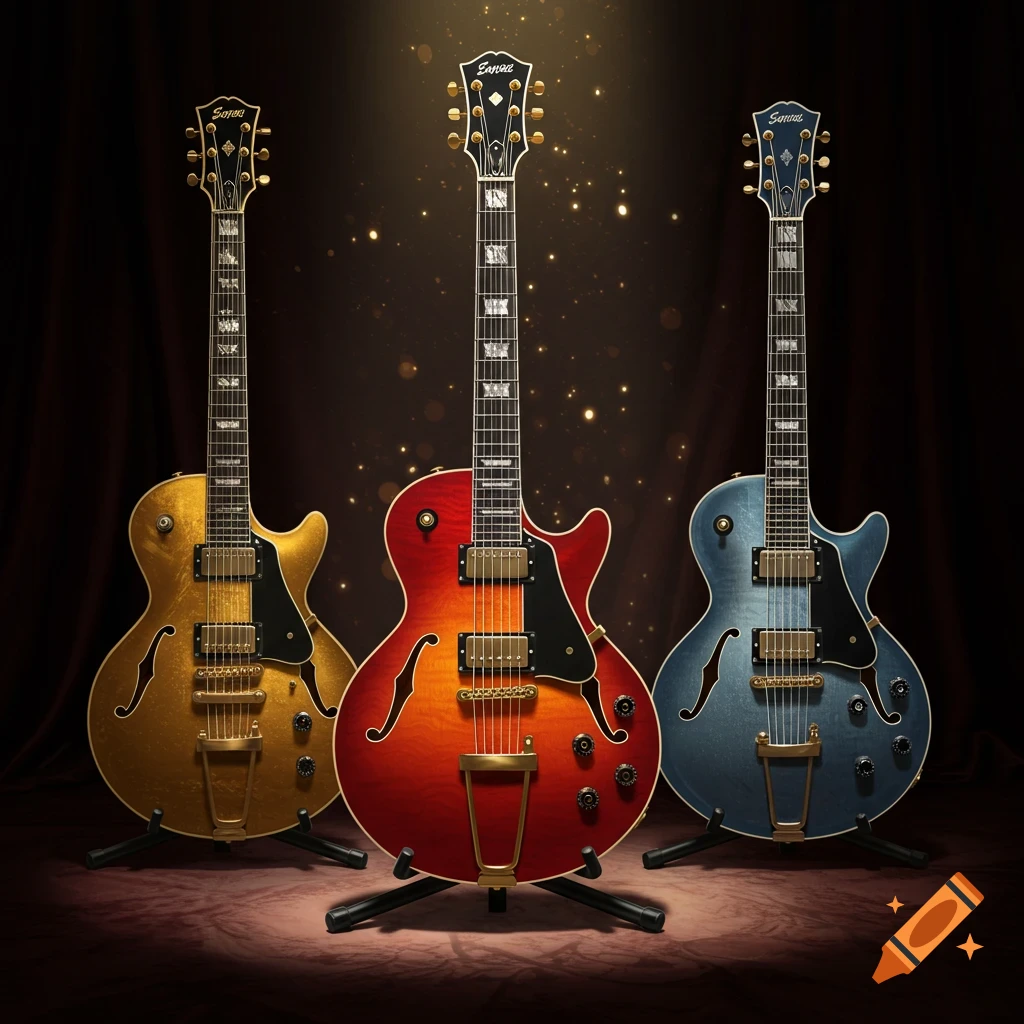 Three electric guitars in gold, red, and blue, elegantly displayed on stands against a sparkling dark background.