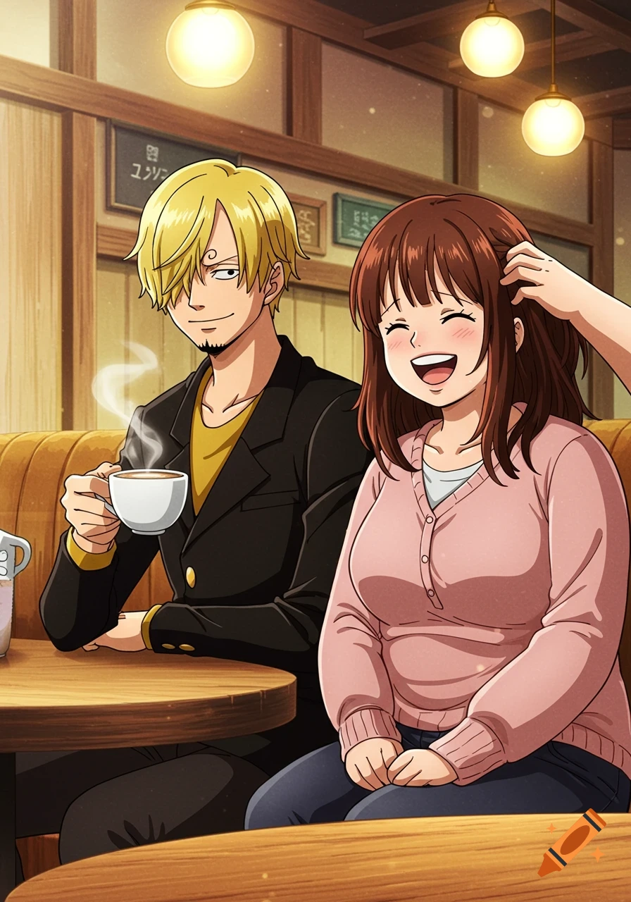 Anime style of Sanji from One Piece with a woman sitting in a cozy cafe.