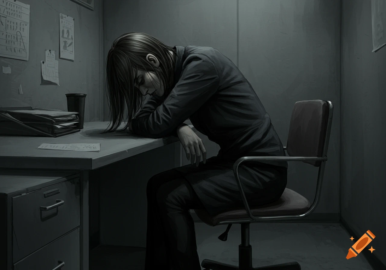 A woman with long dark hair is slumped over a desk in a dimly lit, grey office, conveying misery. Digital art.